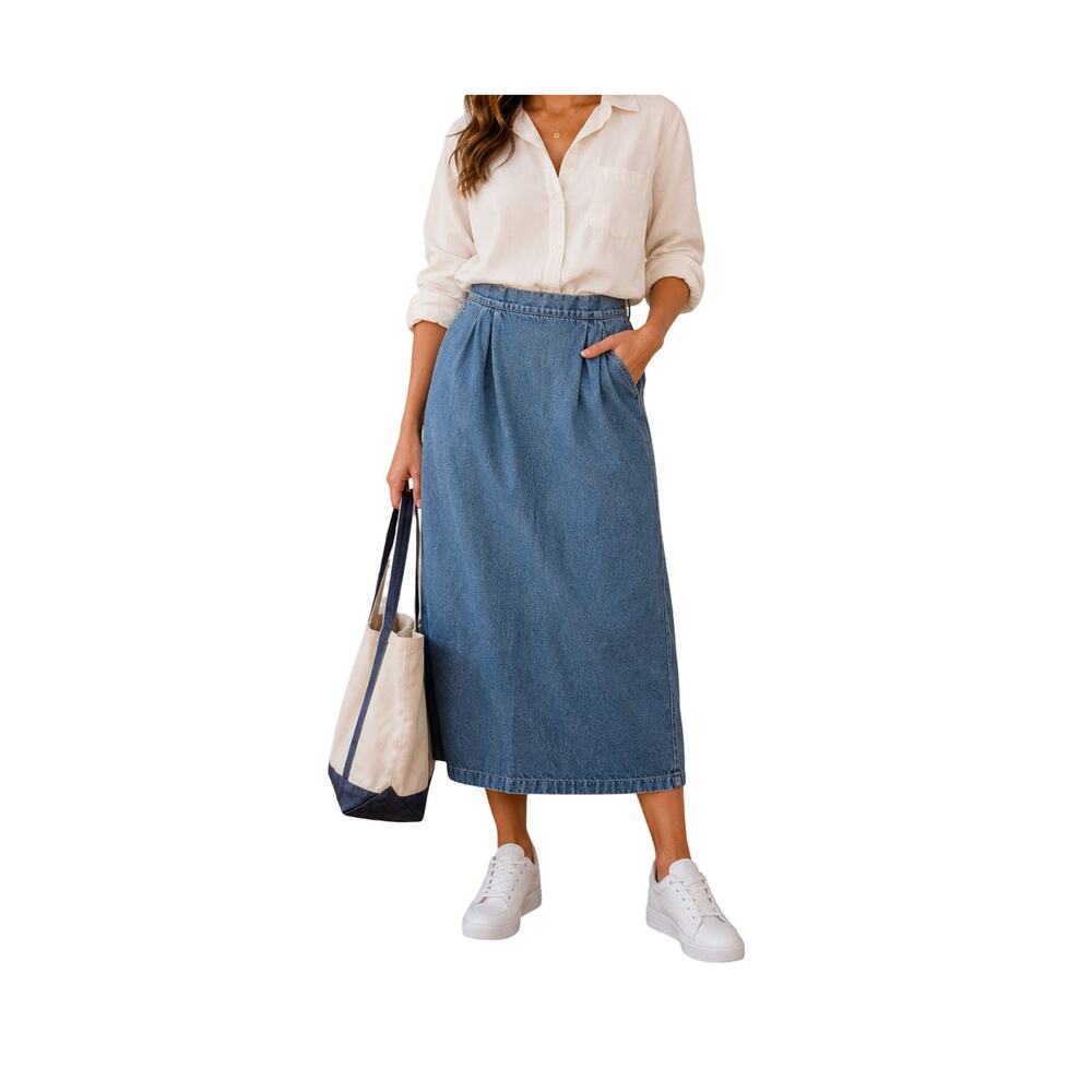 Orvis Jean Skirt Womens Size M Back Button Slit Pocket USA Made Midi Vintage 90s